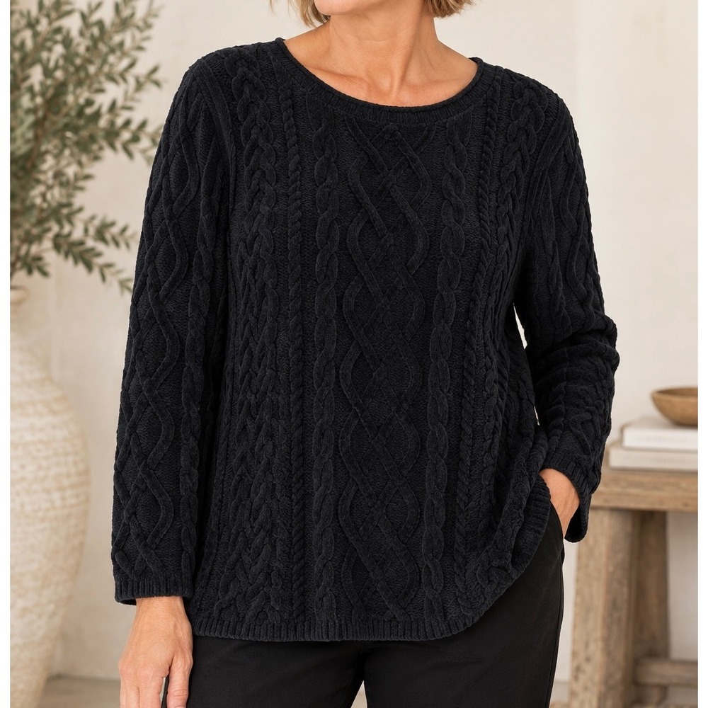 J. Jill black Cable Knit Crew Neck Sweater Womens Large L RN 97641
